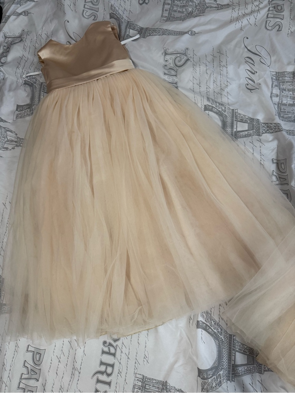 David's Bridal Champagne Satin & Tulle Bow-Back Girls Dress - Picture 3 of 7